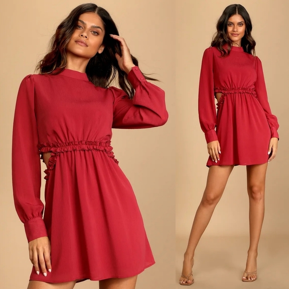 ❤️Lulus Autumn Bliss Rusty Rose Long Sleeve Cutout Mini Dress NWOT☆ - Picture 1 of 2